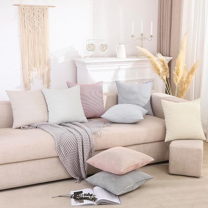 ARRIE Home Farmhouse Light Green Striped Throw Pillow Covers 18x18 Neutral Striped Outdoor Pillow Cover 18 x 18 Set of 2 for Patio Sofa Porch, Grey Green and White