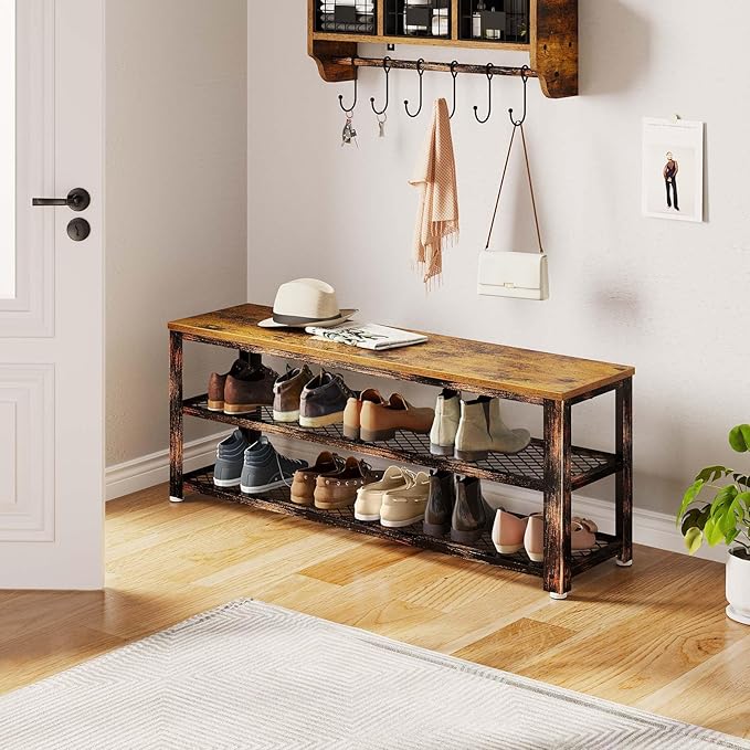 Rolanstar Shoe Bench, 3-Tier Shoe Rack, 40” Storage Entry Bench with Mesh Shelves Wood Seat, Rustic Foyer Bench for Hallway Front Door, Doorway, Living Room, Mudroom, Steel Frame, Rustic Brown