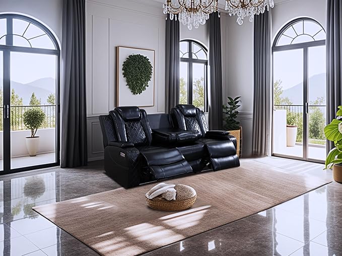 Breathing Leather Power Reclining Sofa, Living Room Furniture with 2 Recliners, 3 Seater Leather Couch with Flip-Down Table/USB Charging for Office/Home Theater (Black, 3-Seat Sofa)