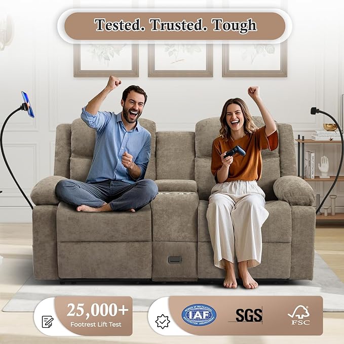 Manual Reclining Loveseat Sofa with Console, Chenille Upholstered Couch for RV, Living Room, Apartment or Office, Dual Recliners with Cup Holders, Phone Holder, Hidden Socket (Camel) | Cup Holder, Side pocket