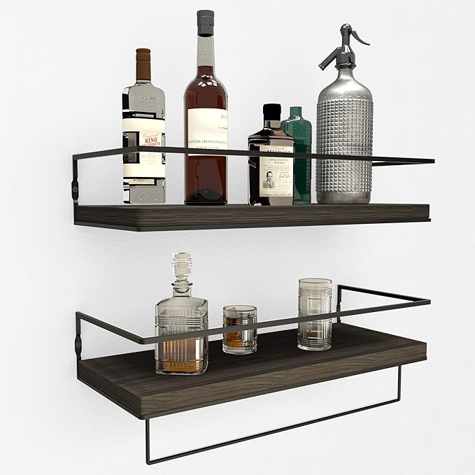 ZGO Floating Shelves for Wall Set of 2, Wall Mounted Storage Shelves with Metal Frame and Towel Rack for Bathroom, Kitchen, Bedroom
