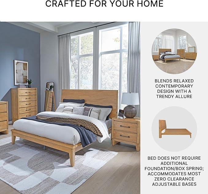 Signature Design by Ashley Sherbana Scandinavian King Panel Platform Bed with Bunkie Board and USB Charging Ports, Foundation or Box Spring Not Needed, Light Brown