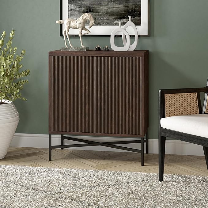 Henn&Hart 28" Fluted Wooden Accent Cabinet, Ribbed Modern Sideboard Buffet Cabinet with 2 Doors and an Adjustable Shelf for Living Room, Dining Room, Bedroom or Entryway, Warm Brown