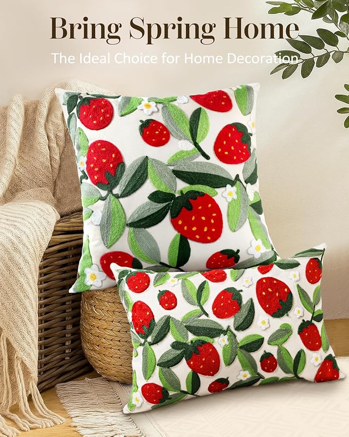 Embroidered Lumbar Pillow Cover - 20x12 Decorative Pillow Cover with Zipper Aesthetic Cute Design Boho Spring Summer Throw Pillowcase for Living Room Couch Sofa Bed, Leaf Strawberry
