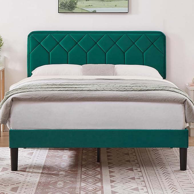 VECELO Full Size Bed Frame Premium Velvet Upholstered Platform with Height Adjustable Headboard/Mattress Foundation, Solid Wooden Slat Support, No Box Spring Needed/Easy Assembly
