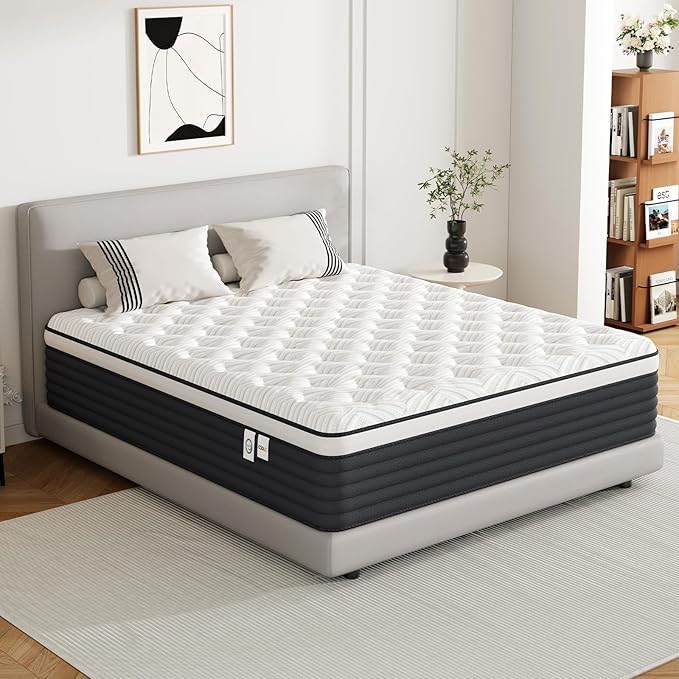 COOLMI King Size Mattress, 14 Inch Hybrid Memory Foam Mattress in a Box, Pressure Relief for Back Support, Medium Firm, Individually Pocket Springs, 100-Night Trial & CertiPUR-US Certified,Grey King