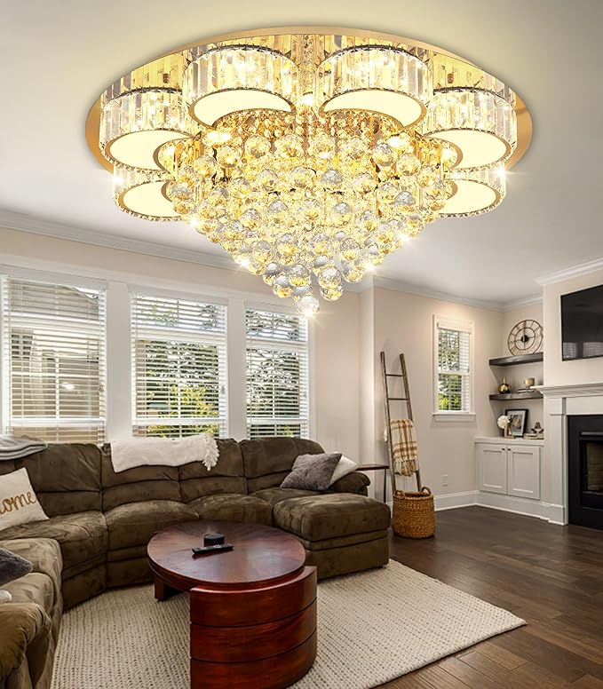 31.4'' Gold Modern Crystal Chandeliers for Dining Room LED Dimmable Light Fixtures Flush Mount Light Living Room Bedrooms
