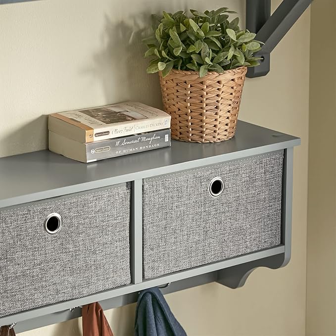 SoBuy Wall Shelf with Hooks, Coat Rack Wall Mount with Shelf Entrywall Storage Cabinet Unit with 3 Baskets 5 Hooks, Grey, FRG282-HG