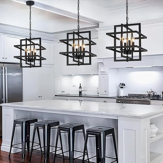 Modern Black Chandelier Rectangle Industrial Chandeliers Dining Room Hanging Pendant Light Fixtures for Kitchen Island Living Room Bedroom Foyer Height Adjustable