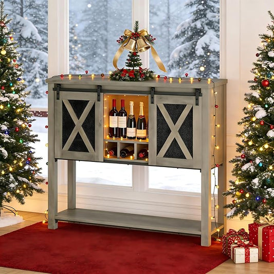 CABIHOME Coffee Bar Cabinet with Storage - Sliding Barn Door Kitchen Buffet, Wood Sideboard Console Cabinet with Wine Rack & Glass Holder for Living & Dining Room, Gray
