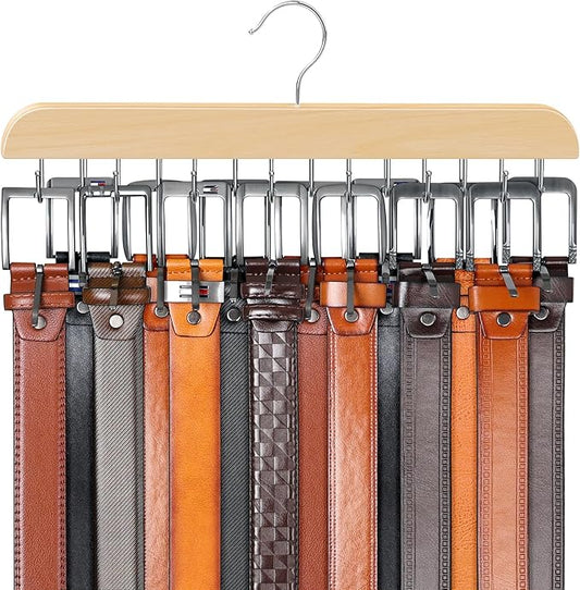 Belt Hanger for Closet Max 42 Belts, Sturdy Wood Belts Rack Closet Accessories with 14 Hooks Belt Organizer for Men Organizers and Storage -Wood 1 Pack