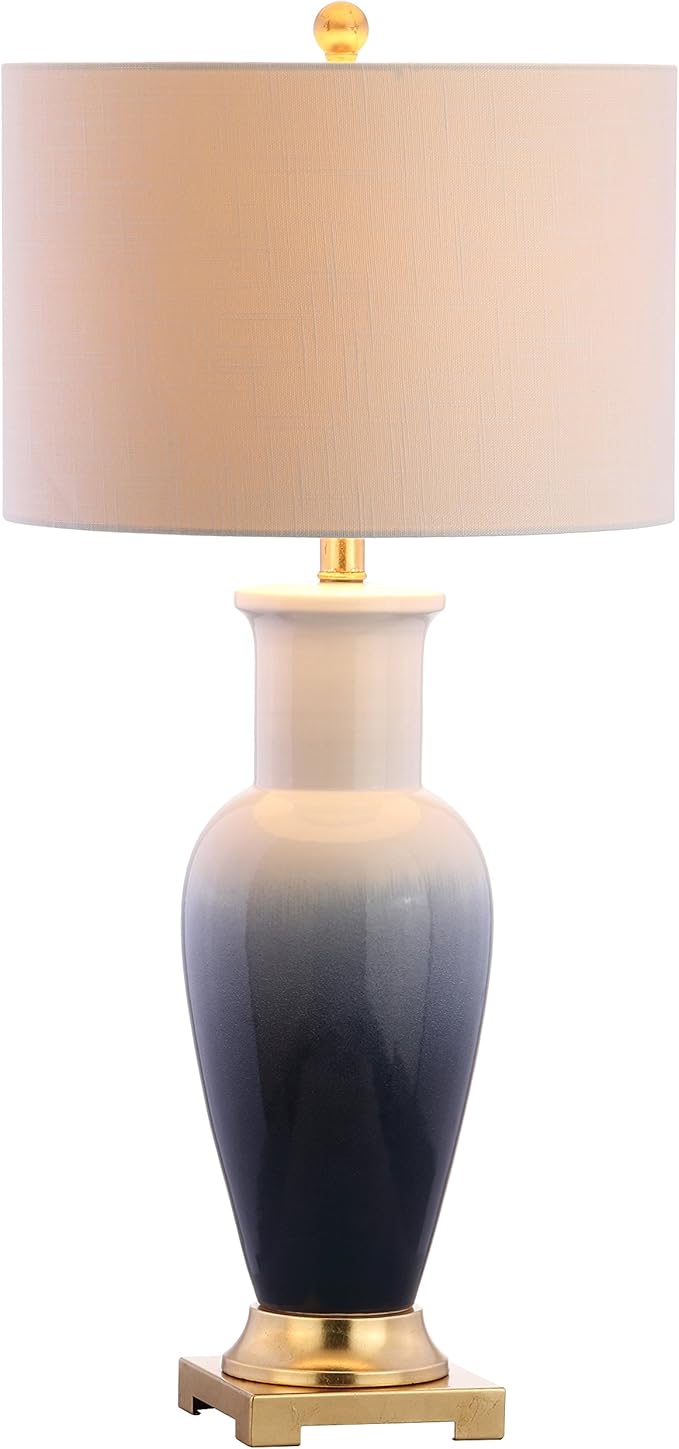JONATHAN Y 31.5" White/Navy Blue Dip Dye Ceramic Table Lamp for Living Room, Large Bedside Lamp for Bedroom with White Linen Drum Shade, Traditional End Table Light, LED Bulb JYL3017A