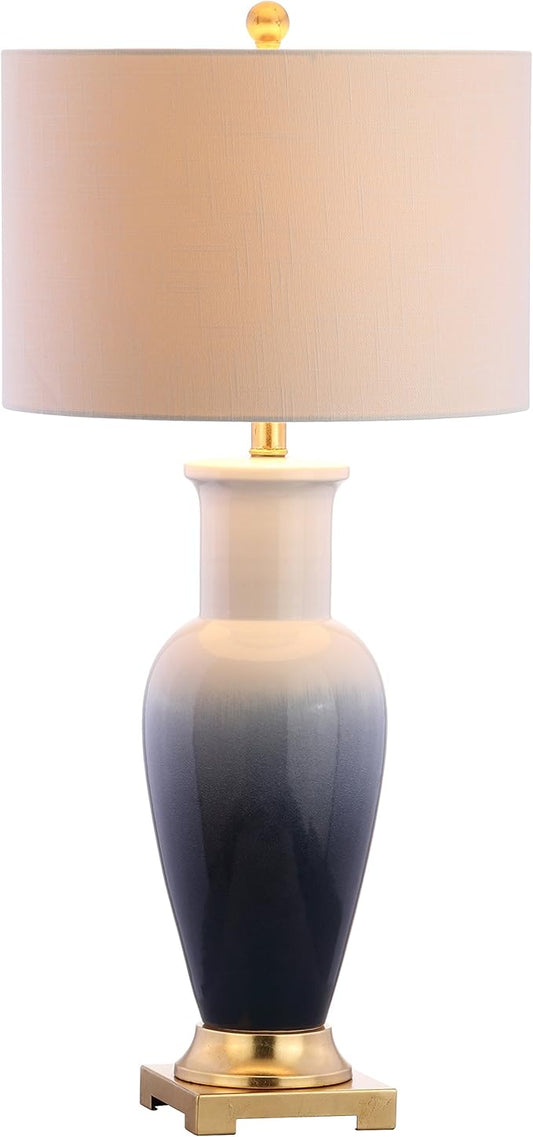 JONATHAN Y 31.5" White/Navy Blue Dip Dye Ceramic Table Lamp for Living Room, Large Bedside Lamp for Bedroom with White Linen Drum Shade, Traditional End Table Light, LED Bulb JYL3017A