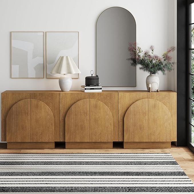 Nathan James Iris Mid-Century Modern Wood Accent Cabinet Sideboard Credenza TV Stand with Arched Cabinet Doors and Adjustable Shelves for Kitchen or Living Room, Set of 3