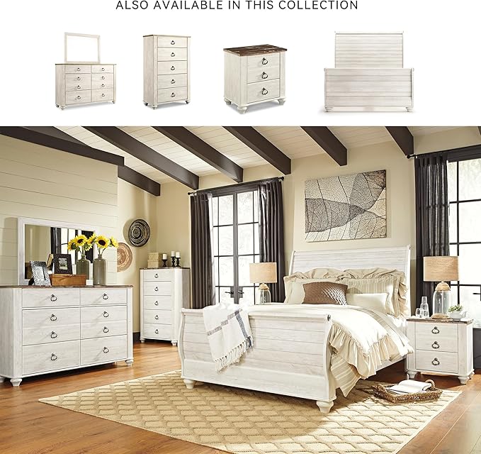 Signature Design by Ashley Willowton Vintage Queen Sleigh Bed with Metal Slats, Foundation or Box Spring Needed, Whitewash