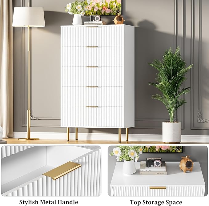 GAOMON 5 Drawer Dresser,Fluted Dresser for Bedroom,47.9" Tall Dressers Chest of Drawers,Wood Tall Dressers with Metal Handle for Closet, Living Room, Entryway