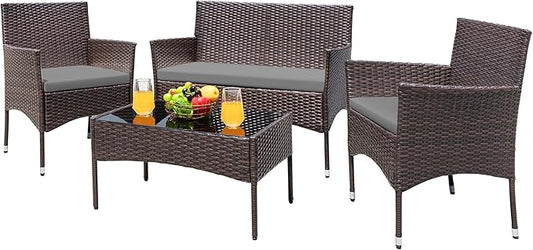 Greesum Patio Furniture 4 Pieces Conversation Sets Outdoor Wicker Rattan Chairs Garden Backyard Balcony Porch Poolside loveseat with Cushion and Glass Table, Brown and Grey