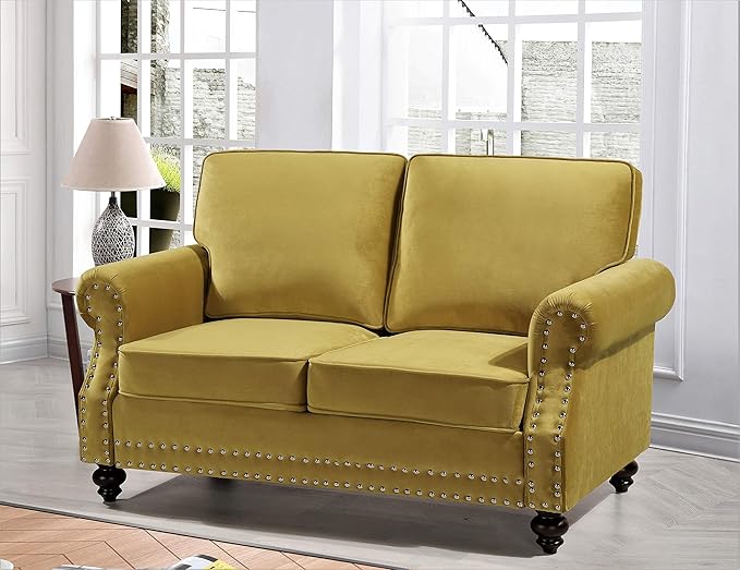 Container Furniture Direct Lotus Mid Century Modern Velvet Upholstered Living Room Rolled Arms, Sofa and Loveseat, Strong Yellow