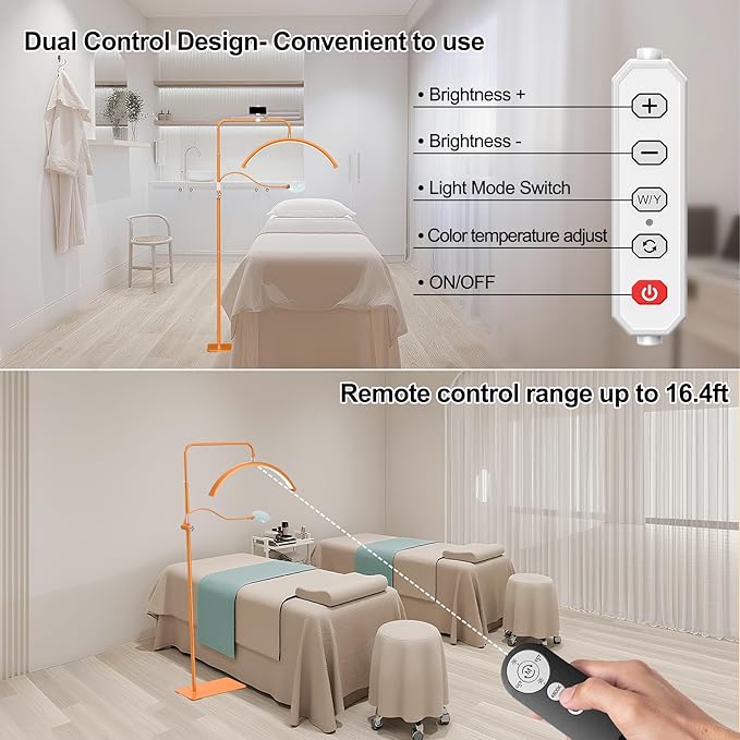 AURELLE Half Moon Lash Light - Adjustable LED Floor Lash Lamp with 4X Magnifier & Phone Holder for Eyelash Extensions,Nail Art,Tattoo,Skincare,Salon SPA-Dimmable Brightness,Rotating Head, Orange