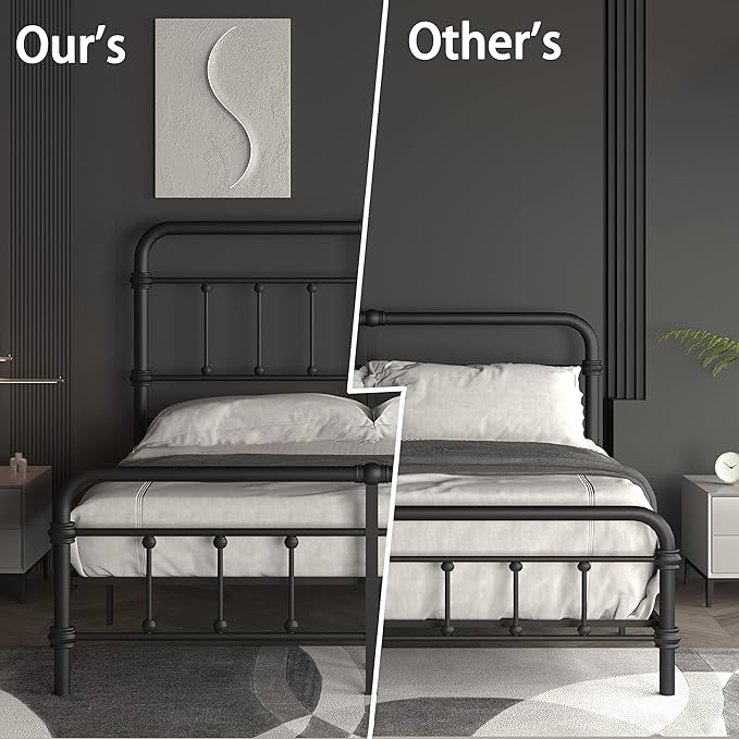 King-Bed-Frame-Metal-Platform Bed Frame with 49" High-Headboard - Solid Quite Easy Set Up Mattress Foundation No Box Spring Needed