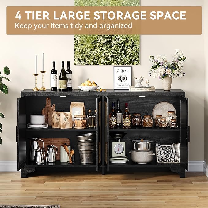 GarveeHome 4-Door Sideboard Buffet Cabinet, Natural Rattan Storage Cabinet, Boho Entryway Console Table, Coffee Bar Station for Dinning Room, Living Room, Kitchen, Black