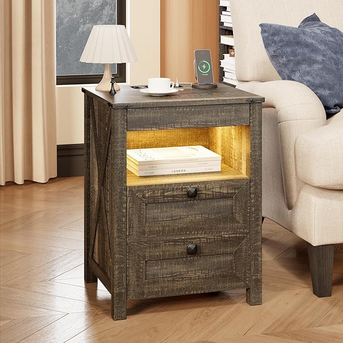 Farmhouse Nightstand with Gun Drawer, Bedside Table with Charging Station, Gun Night Stand with LED Light & Human Sensor, Smart End Table for Bedroom, Rustic Brown