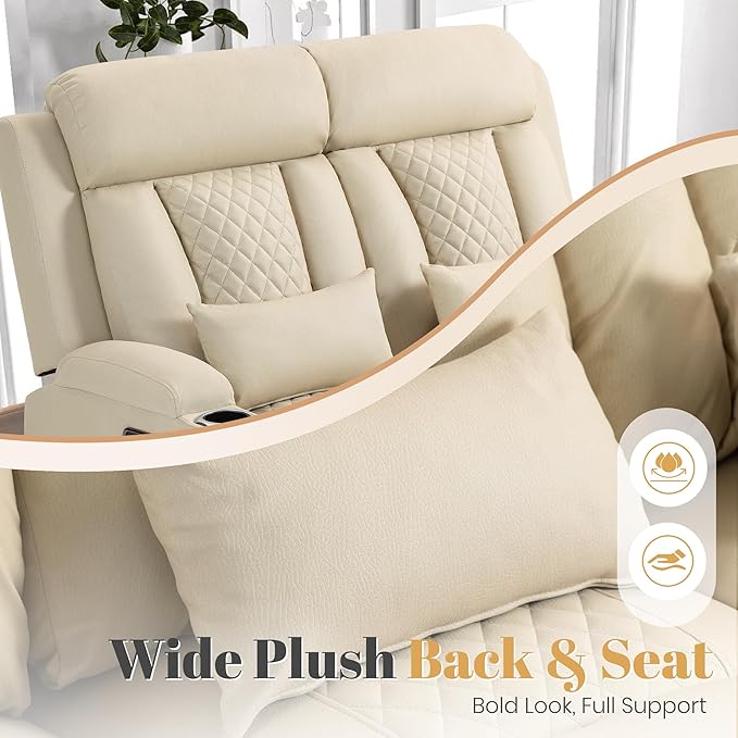 2-Piece Power Reclining Sofa Set, 3-Seater Sofa with Drop-Down Console & 2-Seater Loveseat, Zero Wall Hugger Electric Recliner Couch with Adjustable Headrest, AC Outlets (Beige, Loveseat)