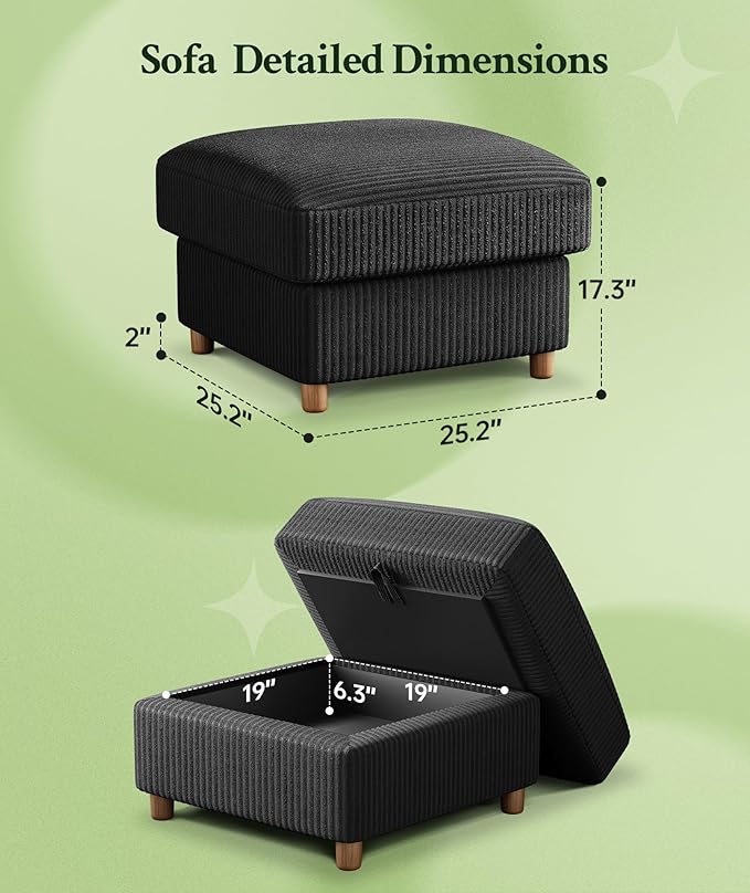 Welzona 25.2" Couches for Living Room, Comfy Black Ottoman with Storage, Foot Rest Tool-Free Setup, Small Ottoman Foot Rest for Couch, Corduroy Couch for Bedroom, Apartment, Office