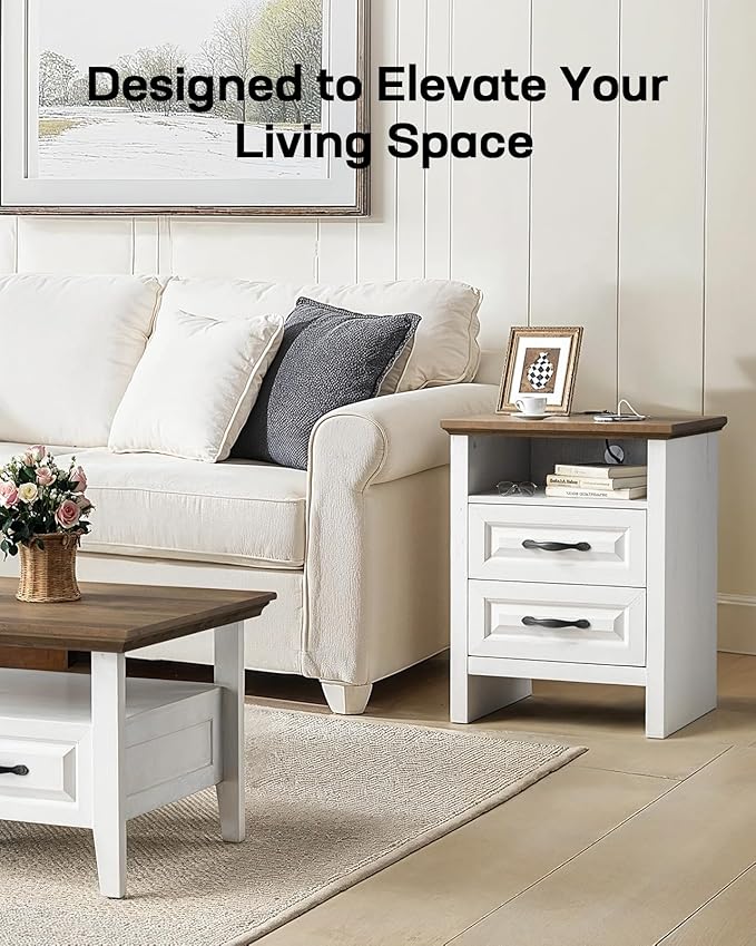 Marsail Nightstand Set of 2 for Bedroom, Night Stand with Charging Station, Bedside Table with 2 Drawers & Open Shelf, Farmhouse End Table Storage Cabinet, Wood White
