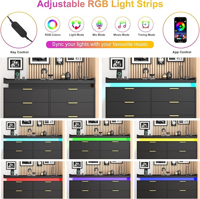 8 Drawer Dressers for Bedroom, Black Dresser with LED Lights and Power Outlet, Wood LED Dresser, Double Wide Modern Chest of Drawers for Bedroom, Entryway, Hallway