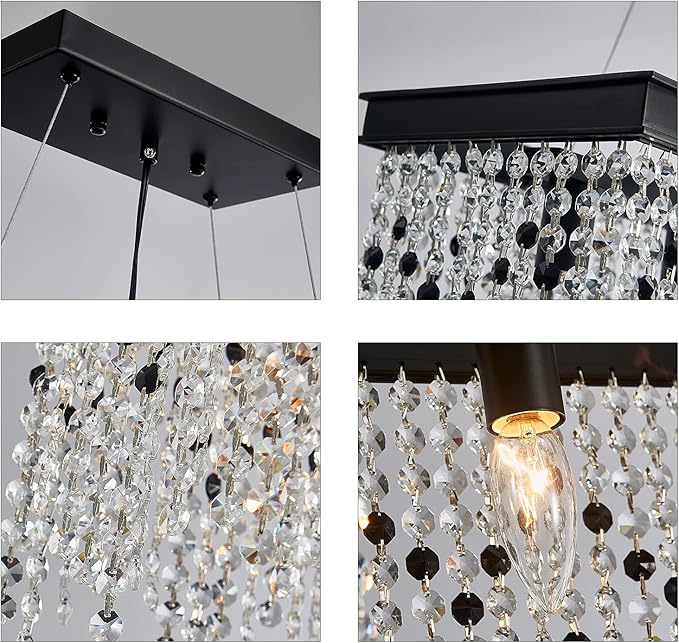 Q&S Black Modern Crystal Chandelier,L30 6-Light Luxury Rectangle Chandelier Light Fixtures for Dining Room Kitchen Island Bar UL Listed