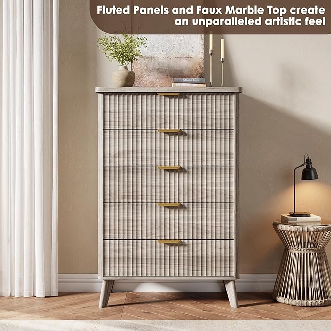 Garvee 5 Drawers Dresser for Bedroom, 47.2" Tall Dressers with Curved Profile Design, Fluted Wood Drawers with Gold Handle, Modern Chest of Dressers with Thickened Design for Living Room, Grey