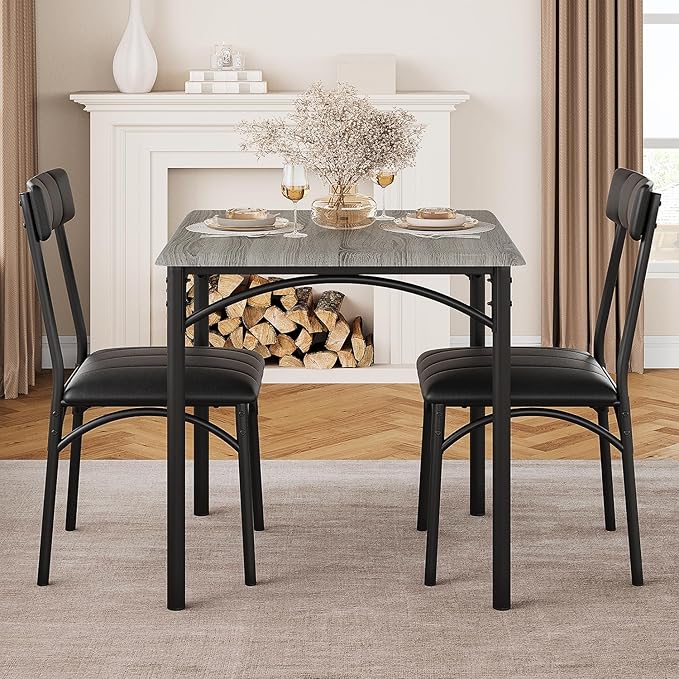 3-Piece Dining Table Set for 2, Kitchen Table Set with 2 Upholstered Chairs, Square Dining Table Set for Apartment, Studio, Small Space, Gray