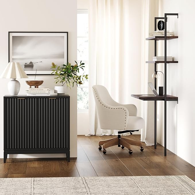 Nathan James Jasper Modern Sideboard, Kitchen Storage Cabinet with Fluted Doors, Accent Storage for Kitchen or Living Room, Black Oak