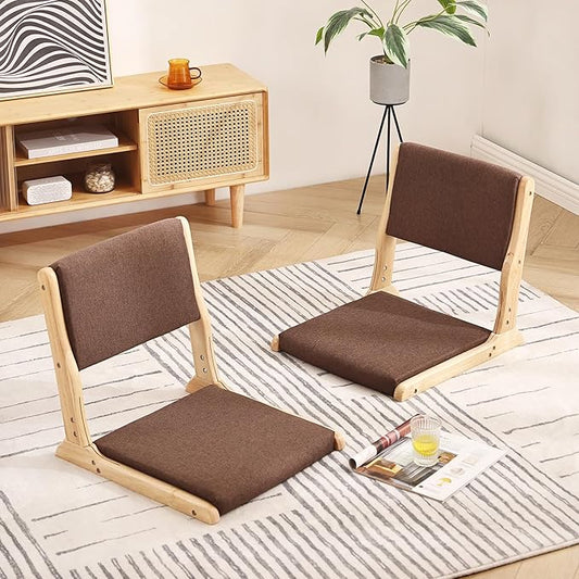 Tiita 2Pcs Floor Games Chair, Foldable Meditation Tatami Chairs, Backrest Chair with Cushion, Living Room Chair Seat, Wood Brown