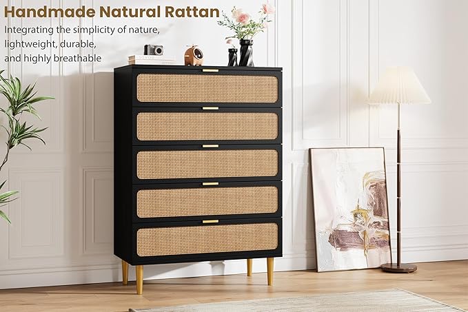 GarveeHome Rattan 5 Drawer Dressers for Bedroom, Tall Dresser with Deep Drawers, Large Chest of Drawers for Closet with Wide Top, Long Wooden Dresser for Living Room, Hallway, Kids Room, Black