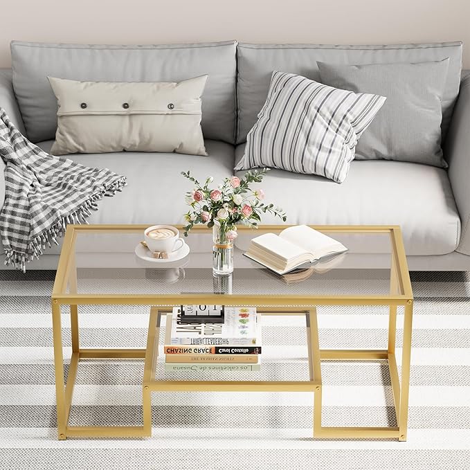 Coffee Table Gold Glass Coffee Table for Living Room,2 Tiers Rectangle Center Table with Sturdy Metal Frame,Modern Tempered Glass Accent Table for Bedroom Home Office