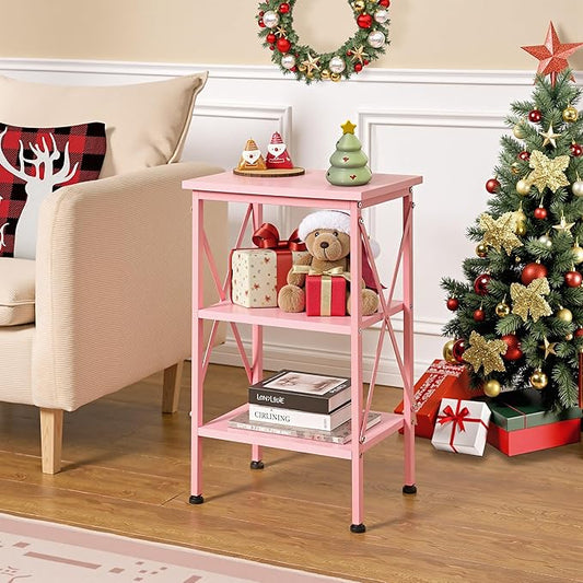 VECELO End Table Set of 2, Nightstand, 24" Tall Living Room Side Tables, X-Design Reinforced Bedside Table, Nightstands with 3-Tier Storage Shelves for Small Spaces, Office, Bathroom, Bedroom, Pink