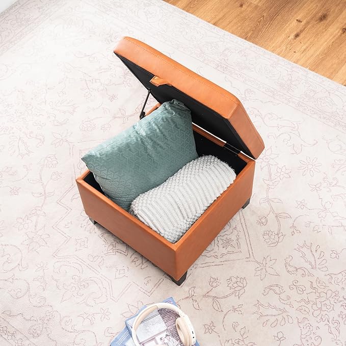 Adeco Faux Leather Storage Ottoman, 17.5" Square Cube Footrest with Lift Top Lid for Blankets, Upholstered Vanity Stool & Entryway Shoe Bench for Living Room, Bedroom, Warm Orange