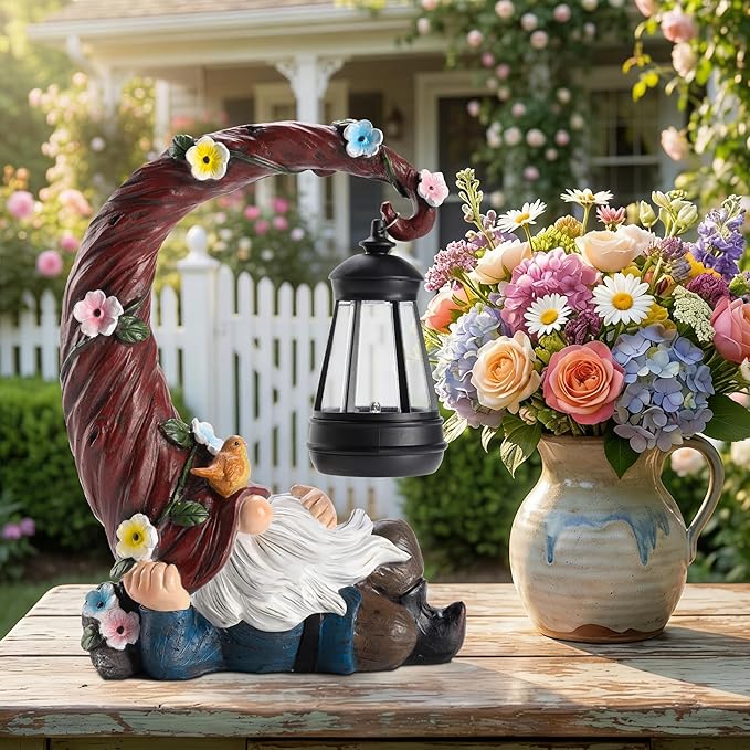 Garden Gnomes Outdoor Statue with Solar Light, Waterproof Resin Gnome Decor, Funny Garden Sculptures for Patio Lawn Yard, Mom Gifts for Mother’s Day Housewarming