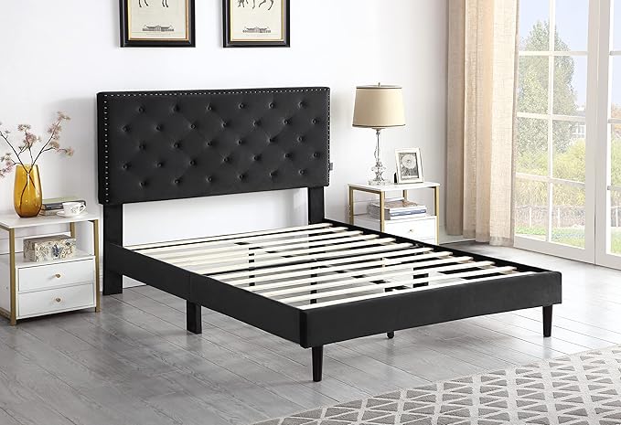 Full Upholstered Platform Bed Frame with 48" Tall Adjustable Headboard - Button Tufted Suede Velour Bed- Wood Slat Support with Storage Space- No Box Spring Needed - Black - OLIVER & SMITH - Princeton