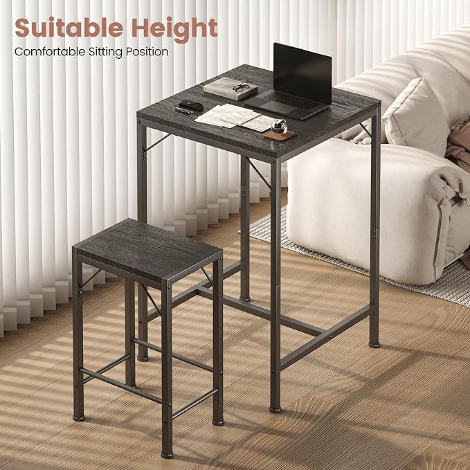 Homeiju Bar Table and Chairs Set, Square Bar Table with 2 Stools, Space-Saving Dining Pub Set for 2, Perfect for Kitchen, Breakfast Nook, Living Room & Small Spaces