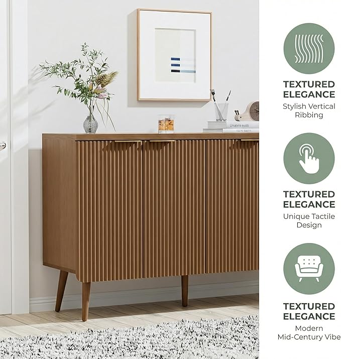 FONTOI 47.2" Wood Fluted Buffet Cabinet with 4 Doors & Storage - Multifunctional Kitchen Sideboard Credenza for Living Room & Entryway, Walnut