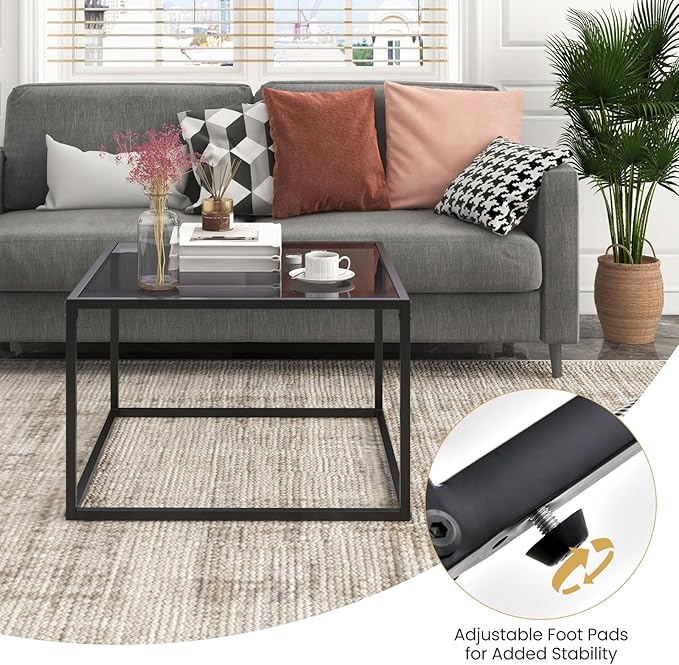 Giantex 27.5" Square Coffee Table - Tempered Glass Center Table w/Metal Frame, Modern Accent Table for Small Space, Living Room, Home, Office, Easy Assembly (1-Tier, Gray)