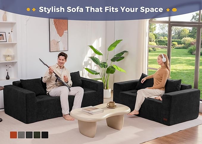 MAXYOYO Modular Sofa Couch, 61" Loveseat Boneless Cloud Couch with Deep Seat, Chenille Upholstered Living Room Sleeper Sofa Chair for Living Room, No Assembly Required, Black