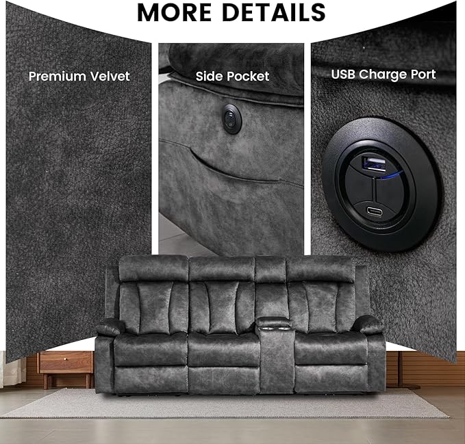 Electric Power Reclining Sofa, 3-Seater Sofa with Flip-Top Console, Massage & Heat, Recliner Couch with Storage, USB Ports, and Cup Holders - Perfect for Living Room Comfort (Gray)