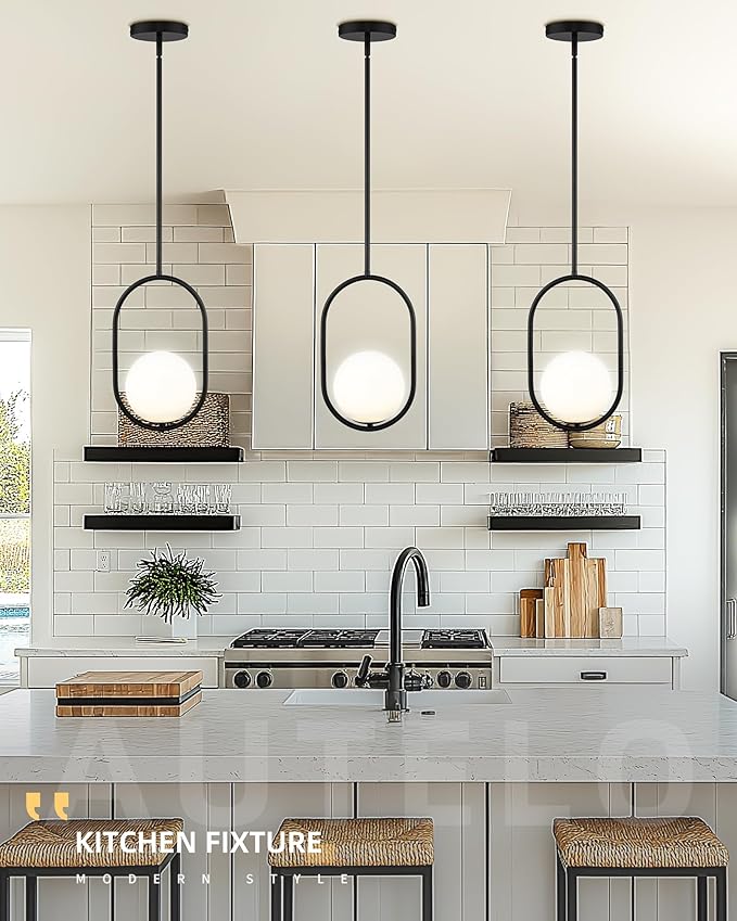 AUTELO Matte Black 1 Light Pendant Lights Kitchen Island, Mid Century Modern Light Fixtures with Milky White Globe Glass, Black Hanging Lamp for Kitchen Island H9376 MGBK