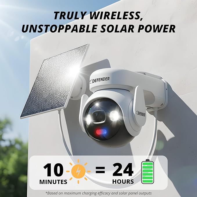Defender Solar Powered 4K AI Guard Ultra-Charge PTZ Wireless WiFi Security Camera, 2 Pack, 2 x 64GB SD Card, 5W Solar Panel, 10,000 mAH Battery, 24/7 Recording, AI Tracking, Works with Guard App