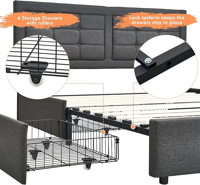 VECELO Queen Size Bed Frame with 4 Drawers, Adjustable Tufted Button Headboard, Upholstered Platform with Wood Slats Support, Built-in USB and Type C Ports, Dark Gray