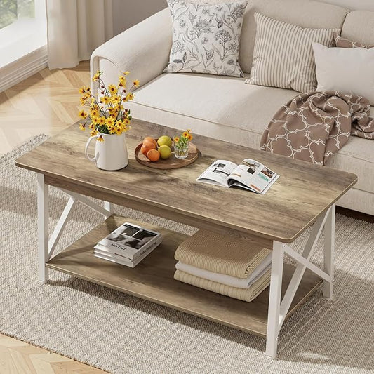 GreenForest Farmhouse Coffee Table with Round Corner, 39.4'' Living Room Table with 2 Tier Storage Shelves, X-Frame Sturdy Center Table Space Saving Easy Assembly, Gray Wash